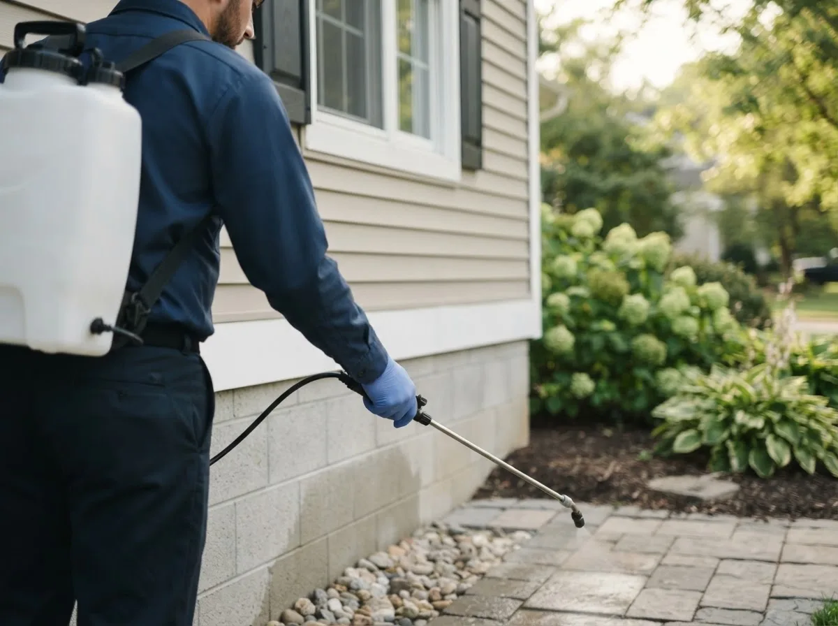 Pest control technician inspecting a home in Briggsville, AR